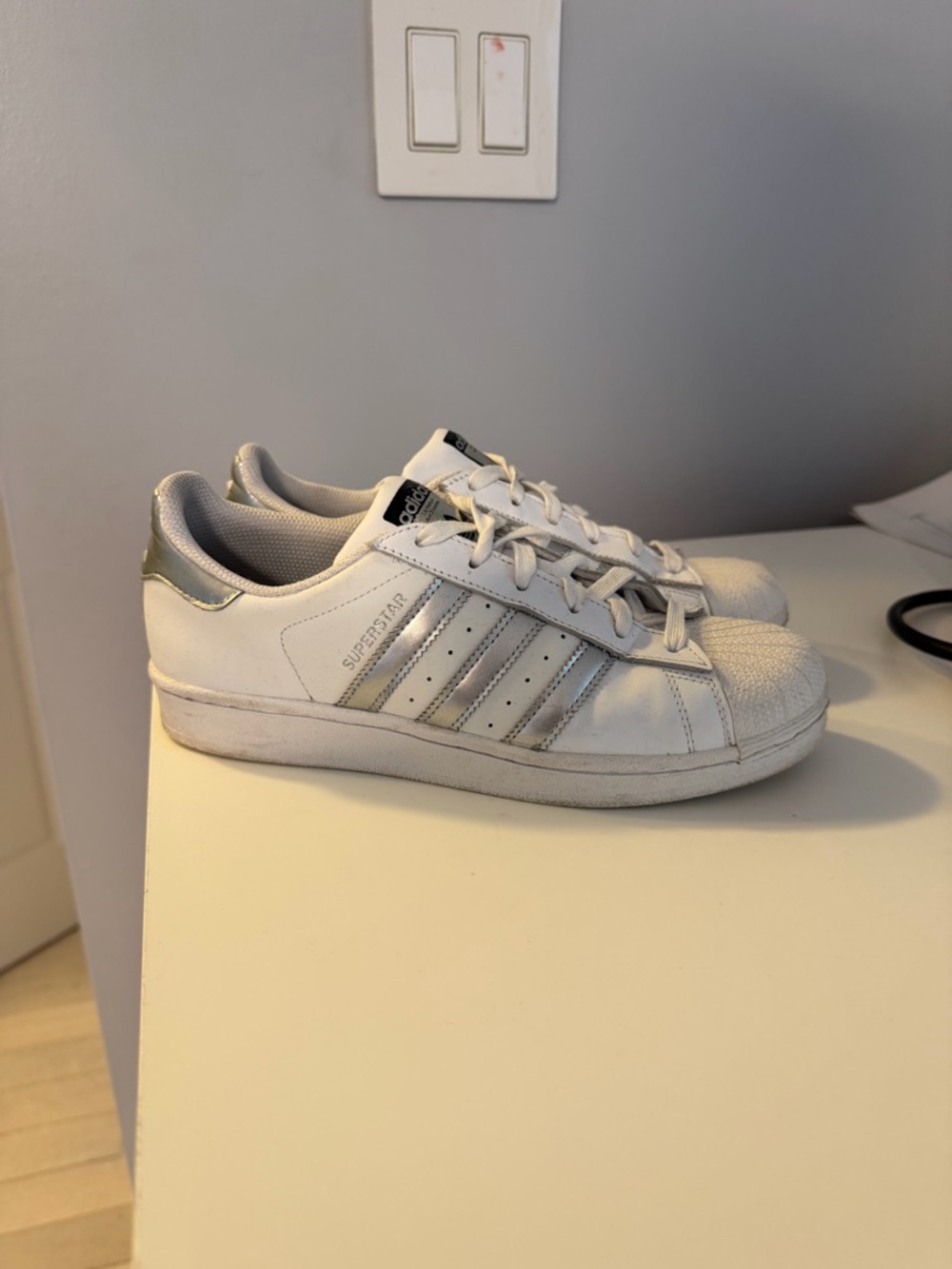 adidas Superstar Low-Top Sneakers in White and Silver Metallic